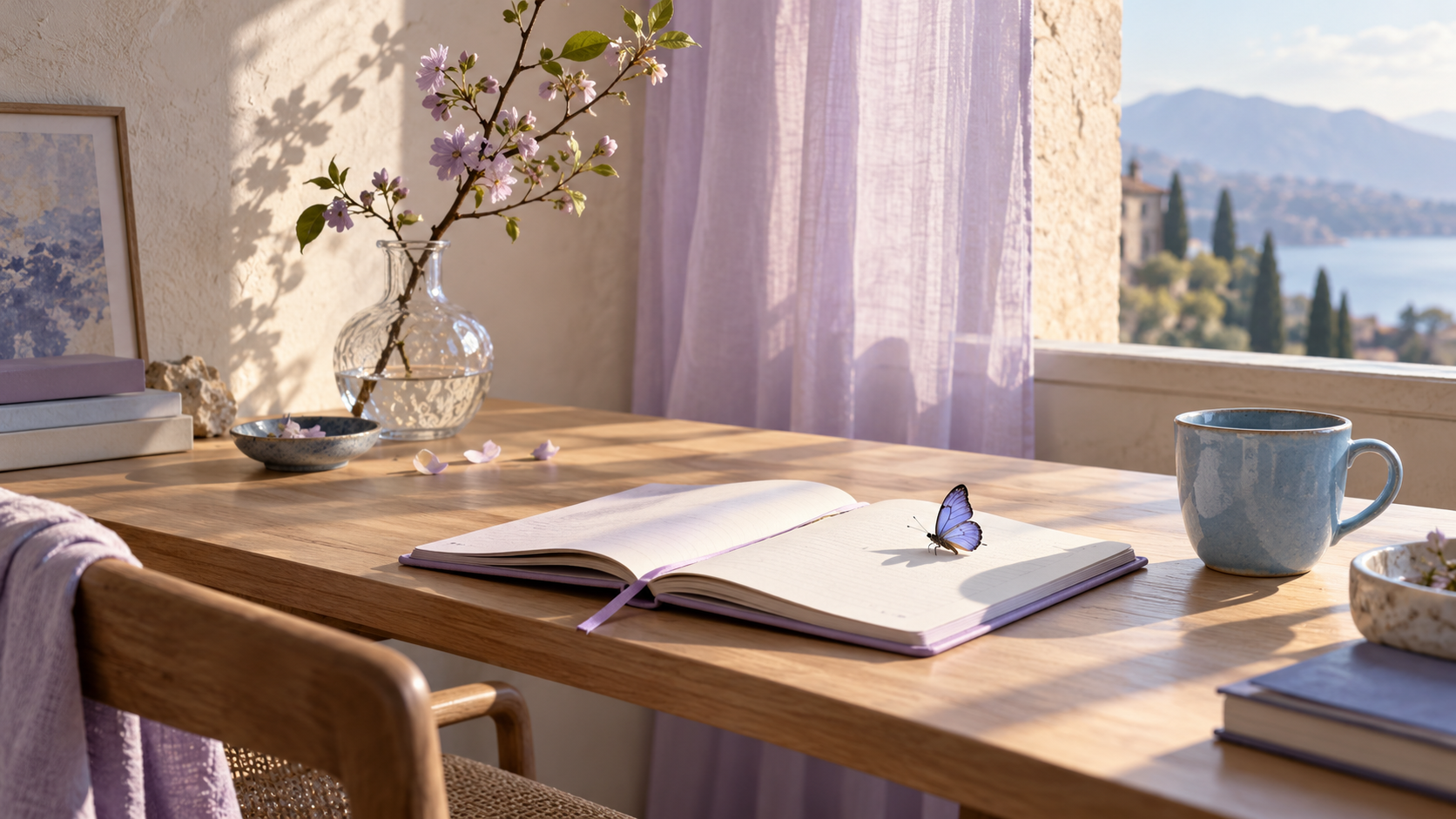 Cuaderno abierto y una mariposa azul en un escritorio iluminado; escena conceptual de claridad y nuevos comienzos